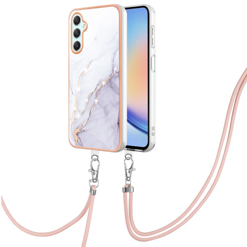 Samsung Galaxy A25 5G Electroplating Marble Dual-side IMD Phone Case with Lanyard - White 006