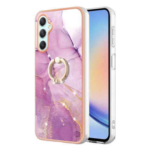 Samsung Galaxy A25 5G Electroplating Marble IMD TPU Phone Case with Ring Holder - Purple 001