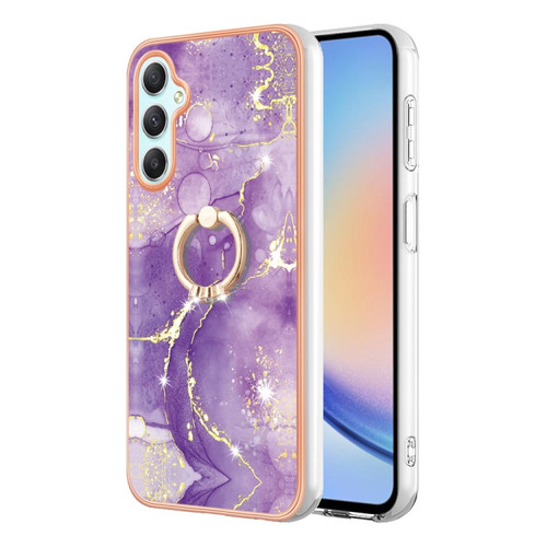 Samsung Galaxy A25 5G Electroplating Marble IMD TPU Phone Case with Ring Holder - Purple 002