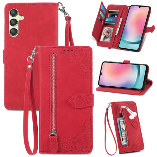 Samsung Galaxy A25 5G Embossed Flower Zipper Leather Phone Case - Red