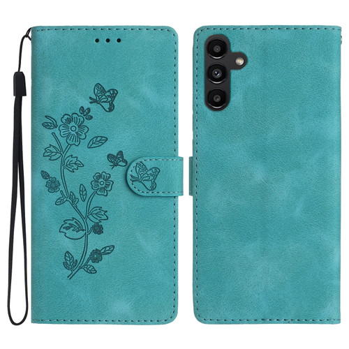Samsung Galaxy A25 5G Flower Butterfly Embossing Pattern Leather Phone Case - Sky Blue