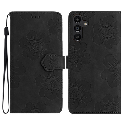 Samsung Galaxy A25 5G Flower Embossing Pattern Leather Phone Case - Black