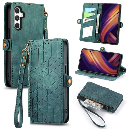 Samsung Galaxy A25 5G Geometric Zipper Wallet Side Buckle Leather Phone Case - Green