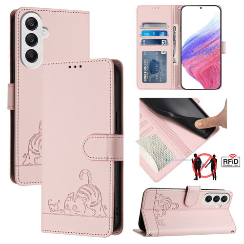 Samsung Galaxy A25 5G Global Cat Rat Embossed Pattern RFID Leather Phone Case with Lanyard - Pink