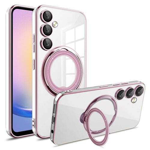 Samsung Galaxy A25 5G Global Electroplating MagSafe 360 Degree Rotation Holder Shockproof Phone Case - Pink