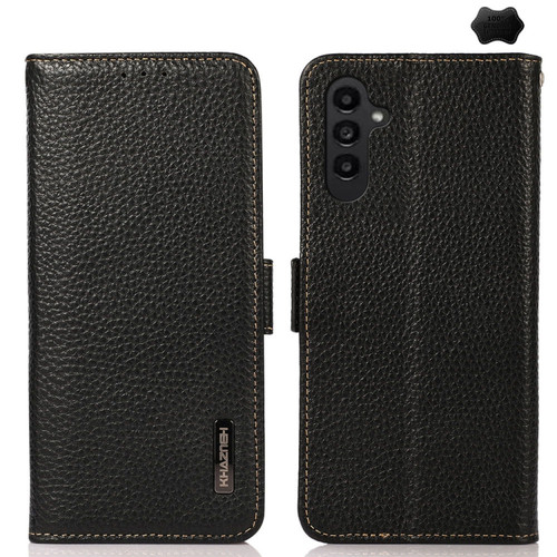 Samsung Galaxy A25 5G Global KHAZNEH Side-Magnetic Litchi Genuine Leather RFID Phone Case - Black