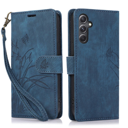 Samsung Galaxy A25 5G Global Orchid Butterfly Embossed Leather Phone Case - Blue