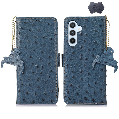 Samsung Galaxy A25 5G Global Ostrich Pattern Genuine Leather RFID Phone Case - Blue