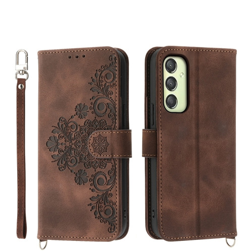 Samsung Galaxy A25 5G Global Skin-feel Flowers Embossed Wallet Leather Phone Case - Brown