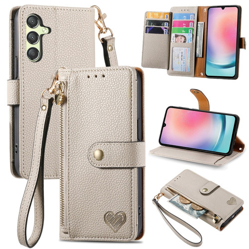 Samsung Galaxy A25 5G Love Zipper Lanyard Leather Phone Case - Gray