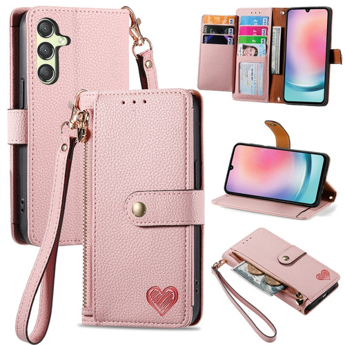 Samsung Galaxy A25 5G Love Zipper Lanyard Leather Phone Case - Pink