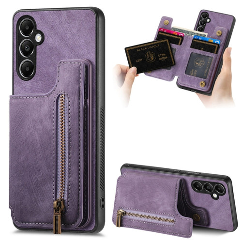 Samsung Galaxy A25 5G Retro Leather Zipper Wallet Back Phone Case - Purple