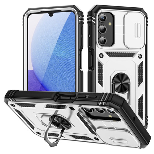 Samsung Galaxy A25 5G Sliding Camshield TPU + PC Phone Case with Holder - White+Black