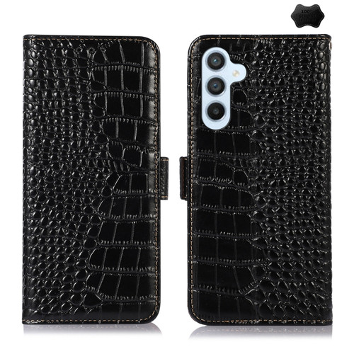 Samsung Galaxy A35 5G Crocodile Top Layer Cowhide Leather Phone Case - Black