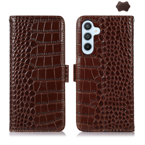 Samsung Galaxy A35 5G Crocodile Top Layer Cowhide Leather Phone Case - Brown