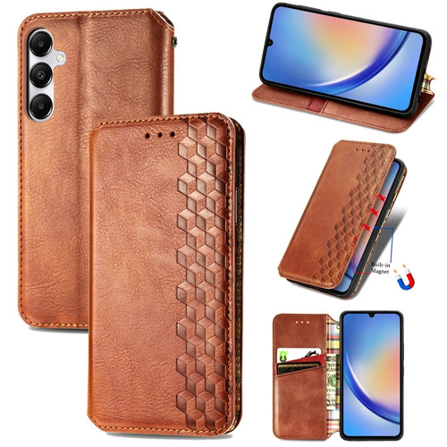 Samsung Galaxy A35 5G Cubic Grid Pressed Magnetic Leather Phone Case - Brown