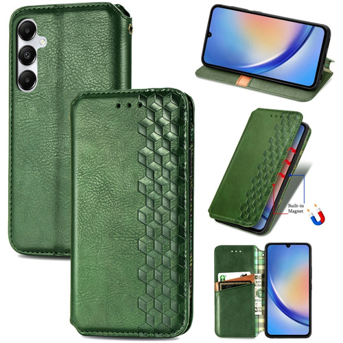 Samsung Galaxy A35 5G Cubic Grid Pressed Magnetic Leather Phone Case - Green