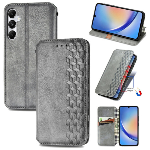 Samsung Galaxy A35 5G Cubic Grid Pressed Magnetic Leather Phone Case - Grey