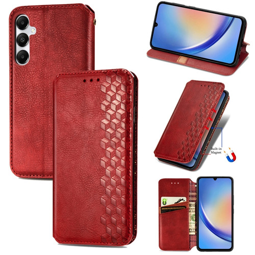 Samsung Galaxy A35 5G Cubic Grid Pressed Magnetic Leather Phone Case - Red