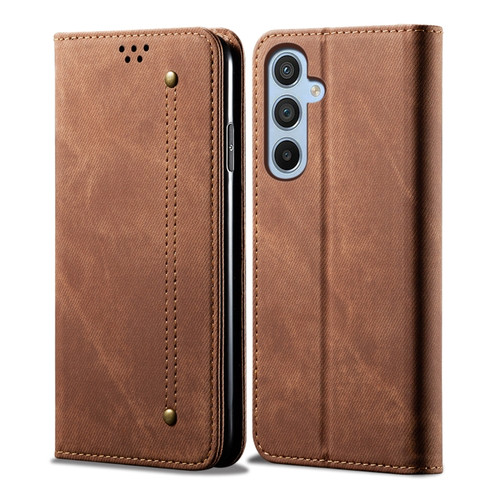 Samsung Galaxy A35 5G Denim Texture Casual Style Horizontal Flip Leather Case - Brown