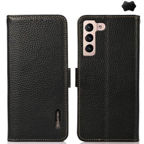 Samsung Galaxy A35 5G KHAZNEH Side-Magnetic Litchi Genuine Leather RFID Phone Case - Black