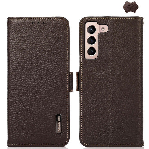 Samsung Galaxy A35 5G KHAZNEH Side-Magnetic Litchi Genuine Leather RFID Phone Case - Brown