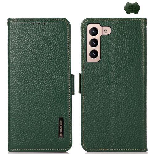 Samsung Galaxy A35 5G KHAZNEH Side-Magnetic Litchi Genuine Leather RFID Phone Case - Green