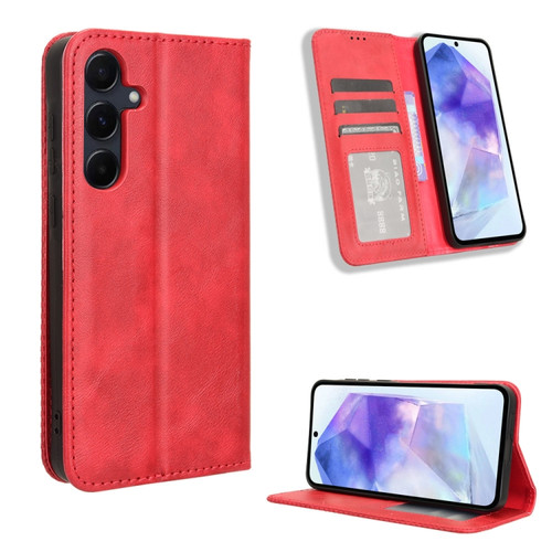 Samsung Galaxy A35 5G Magnetic Buckle Retro Texture Leather Phone Case - Red