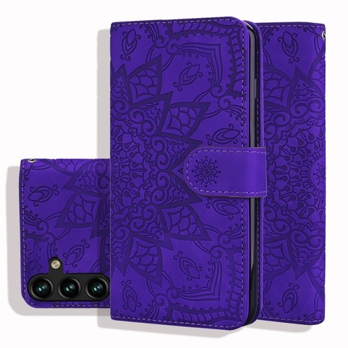 Samsung Galaxy A35 5G Mandala Embossed Dual-Fold Calf Leather Phone Case - Purple