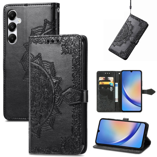 Samsung Galaxy A35 5G Mandala Flower Embossed Leather Phone Case - Black