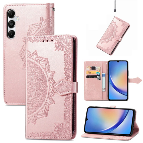Samsung Galaxy A35 5G Mandala Flower Embossed Leather Phone Case - Rose Gold