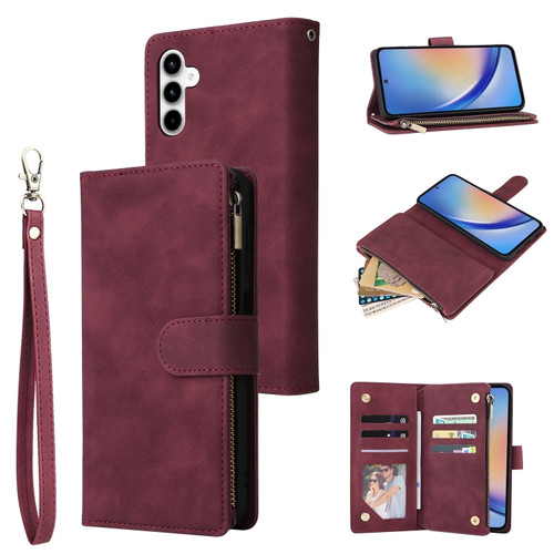 Samsung Galaxy A35 5G Multifunctional Frosted Zipper Wallet Leather Phone Case - Wine Red