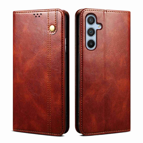 Samsung Galaxy A35 5G Oil Wax Crazy Horse Texture Leather Phone Case - Brown