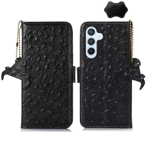 Samsung Galaxy A35 5G Ostrich Pattern Genuine Leather RFID Phone Case - Black
