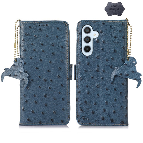 Samsung Galaxy A35 5G Ostrich Pattern Genuine Leather RFID Phone Case - Blue