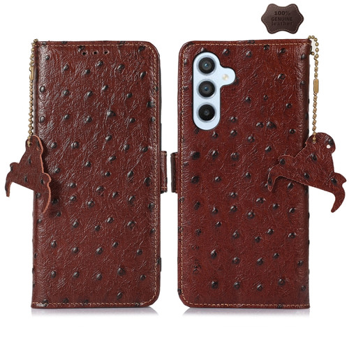 Samsung Galaxy A35 5G Ostrich Pattern Genuine Leather RFID Phone Case - Coffee