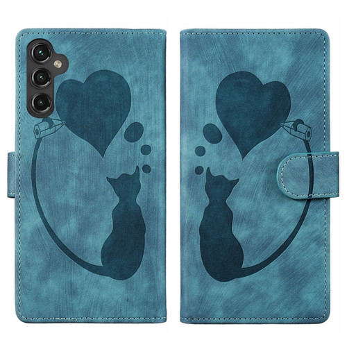 Samsung Galaxy A35 5G Pen Heart Cat Embossed Leather Phone Case - Blue