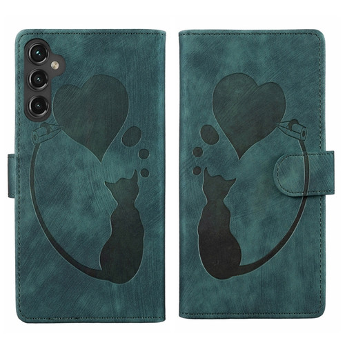 Samsung Galaxy A35 5G Pen Heart Cat Embossed Leather Phone Case - Green