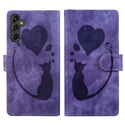 Samsung Galaxy A35 5G Pen Heart Cat Embossed Leather Phone Case - Purple