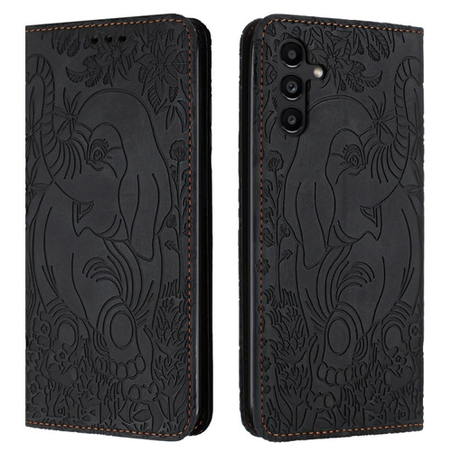 Samsung Galaxy A35 5G Retro Elephant Embossed Leather Phone Case - Black