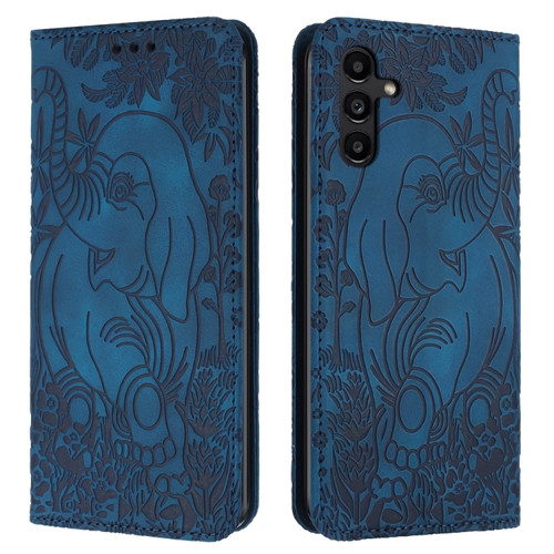 Samsung Galaxy A35 5G Retro Elephant Embossed Leather Phone Case - Blue