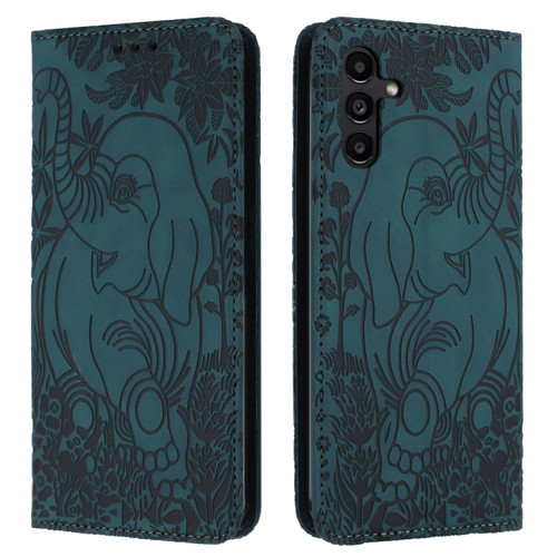 Samsung Galaxy A35 5G Retro Elephant Embossed Leather Phone Case - Green