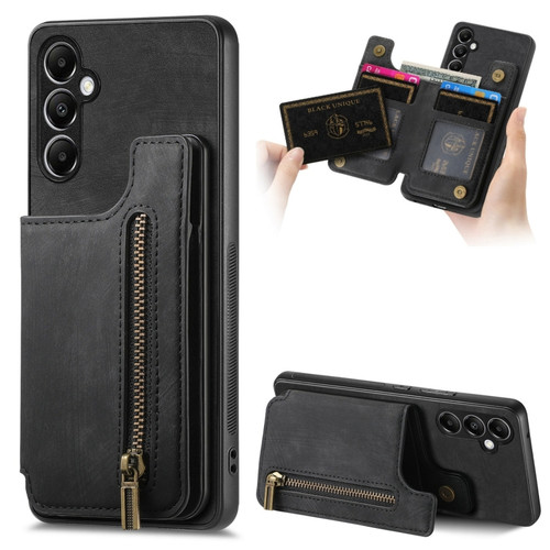 Samsung Galaxy A35 5G Retro Leather Zipper Wallet Back Phone Case - Black