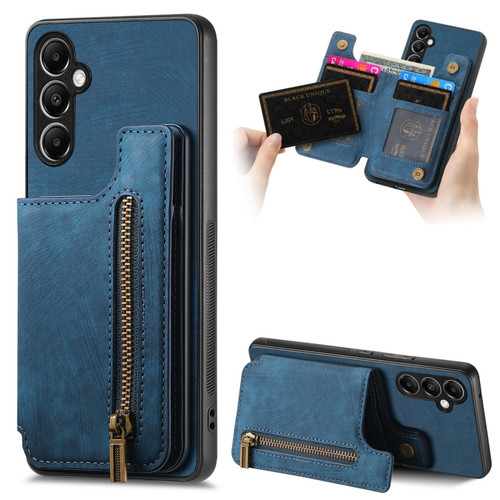 Samsung Galaxy A35 5G Retro Leather Zipper Wallet Back Phone Case - Blue