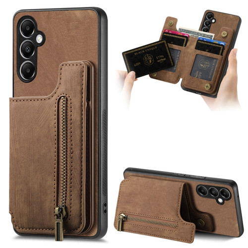 Samsung Galaxy A35 5G Retro Leather Zipper Wallet Back Phone Case - Brown