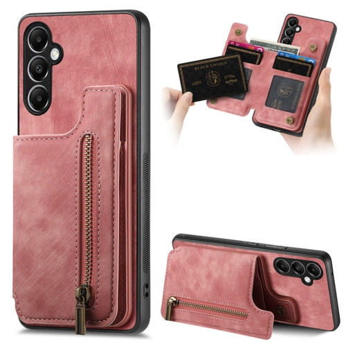Samsung Galaxy A35 5G Retro Leather Zipper Wallet Back Phone Case - Pink