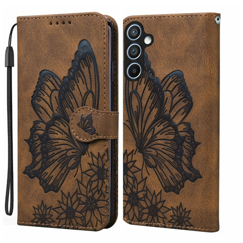 Samsung Galaxy A35 5G Retro Skin Feel Butterflies Embossing Horizontal Flip Leather Phone Case - Brown