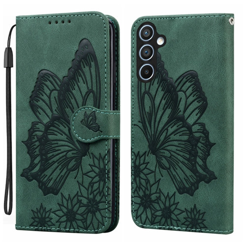 Samsung Galaxy A35 5G Retro Skin Feel Butterflies Embossing Horizontal Flip Leather Phone Case - Green