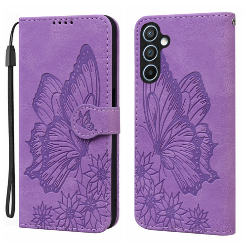Samsung Galaxy A35 5G Retro Skin Feel Butterflies Embossing Horizontal Flip Leather Phone Case - Purple