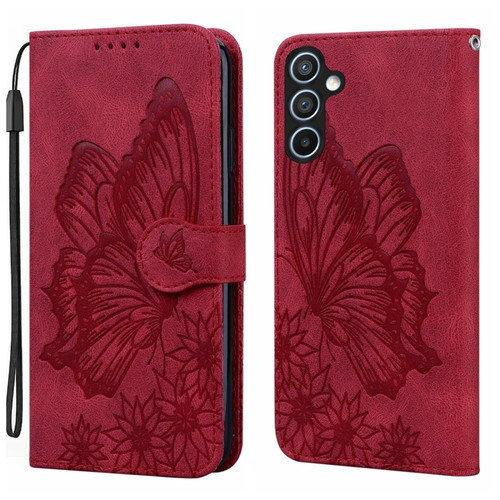 Samsung Galaxy A35 5G Retro Skin Feel Butterflies Embossing Horizontal Flip Leather Phone Case - Red